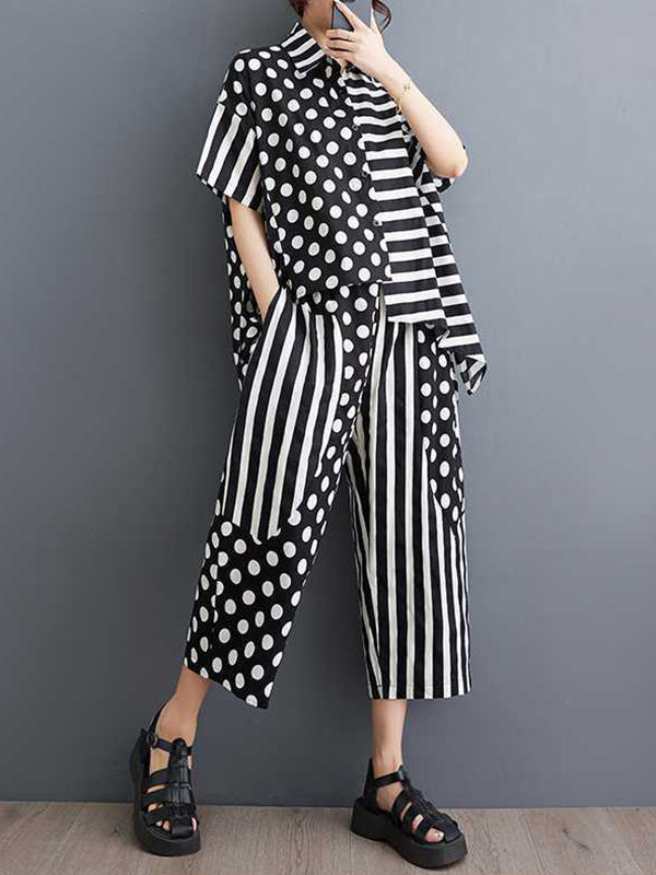 High-Low Asymmetric Half Sleeves Contrast Color Polka-Dot Split-Side Striped Lapel Blouses Top + Pants Bottom Two Pieces Set