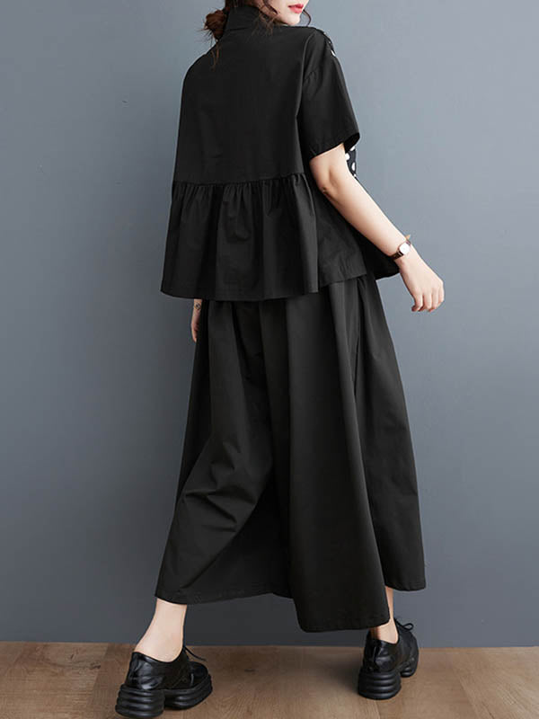 Contrast Color Pleated Polka-Dot Split-Joint Loose Short Sleeves Lapel Blouses
