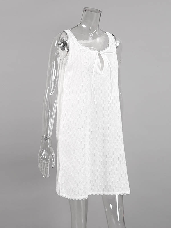 Solid Color Split-side Tied Loose Sleeveless V-neck Mini Dresses