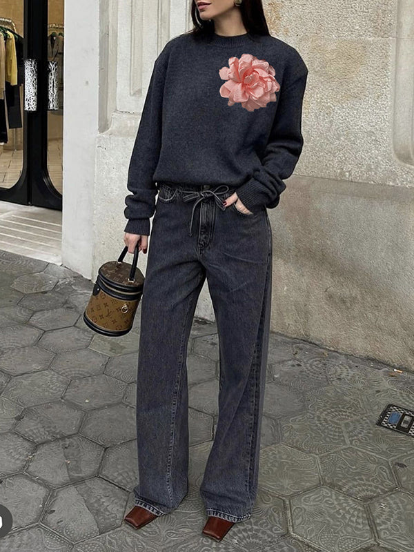 Flower Shape Split-Joint Long Sleeves Loose Round-Neck Sweater Tops