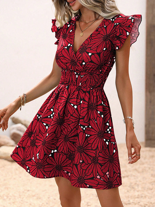 Elasticity Flower Print A-Line Loose V-Neck Mini Dresses