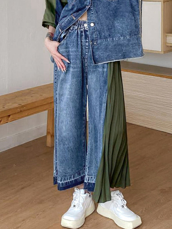 Contrast Color Pleated Split-Joint Loose Ninth Pants Jean Pants Bottoms