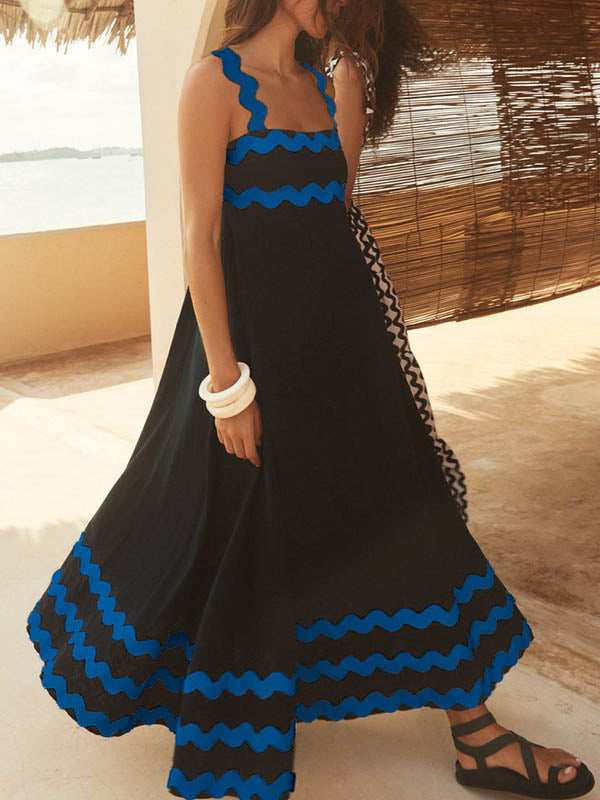 A-line High Waisted Contrast Color Zipper Square-neck Maxi Dresses Midi Dresses