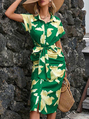 Buttoned Flower Print Pleated Tied Waist Raglan Sleeve Short Sleeves Lapel Shirt Dress Midi Dresses