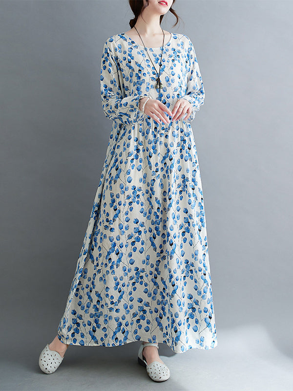 Flower Print Split-Joint Long Sleeves Loose Round-Neck Midi Dresses