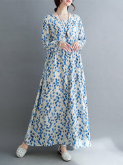 Flower Print Split-Joint Long Sleeves Loose Round-Neck Midi Dresses