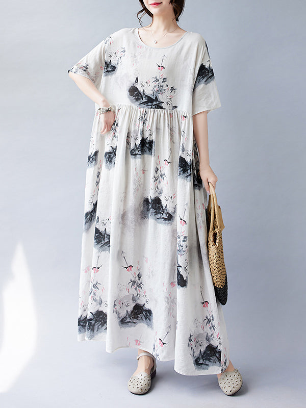 Pleated Printed Split-Joint Loose Short Sleeves Round-neck Midi Dresses