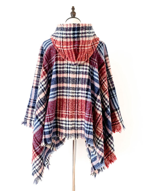 Fringed Hooded Keep Warm Plaid Shawl&Cloak Cape
