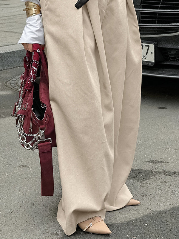 Pleated Solid Color Split-Joint High Waisted Loose Trousers Suit Pants