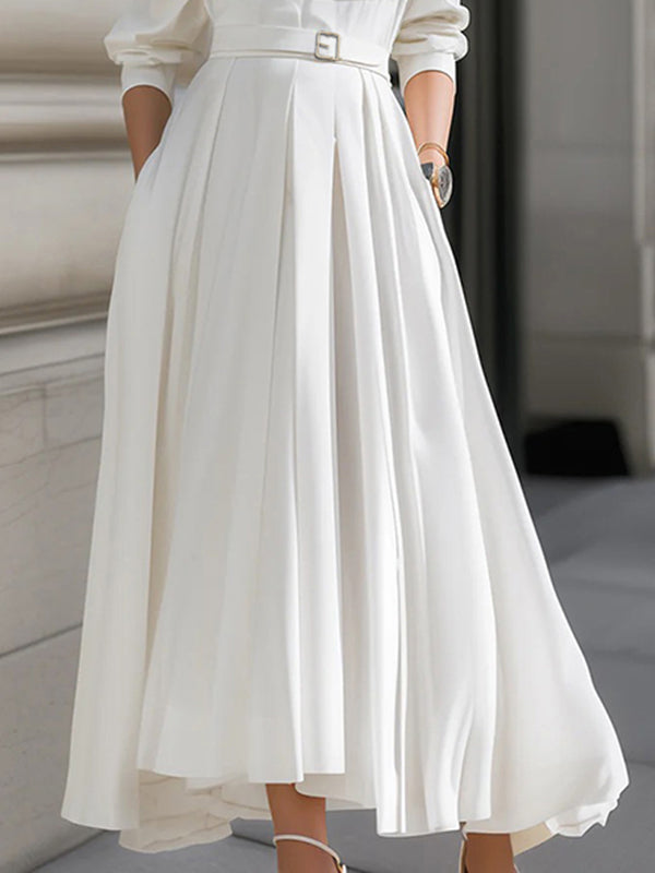 Long Sleeves Loose Belted Pockets Solid Color Stand Collar Maxi Dresses