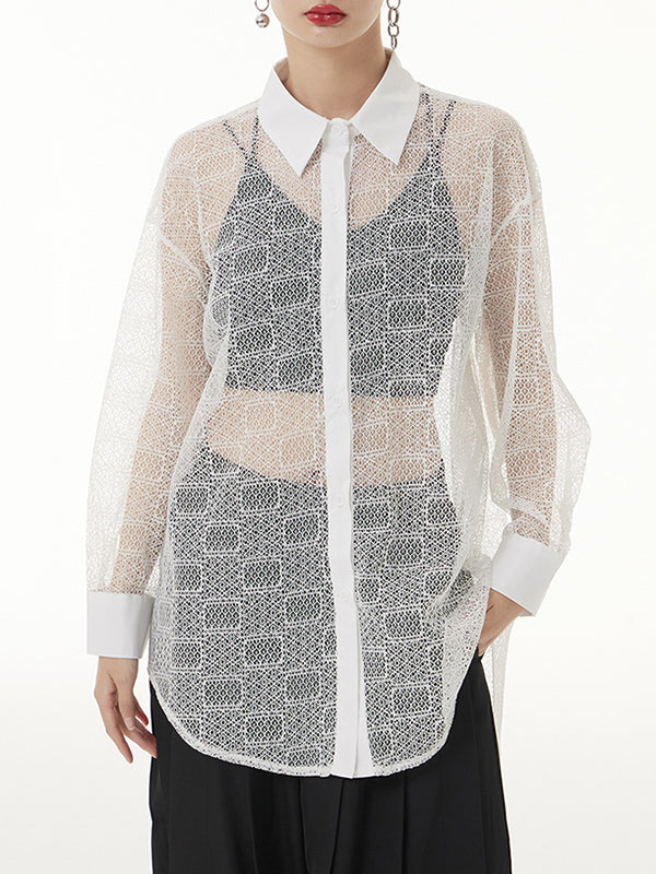 Lacy See-Through Solid Color Long Sleeves Loose Lapel Blouses&shirts Tops
