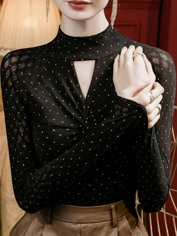 Hollow Knot Polka-Dot Rhine Stones Split-Joint Long Sleeves Plus Size Mock Neck T-Shirts Tops