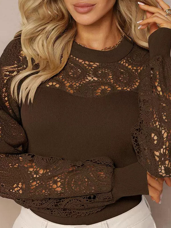 Hollow Pleated Solid Color Split-Joint Long Sleeves Loose Round-Neck T-Shirts Tops