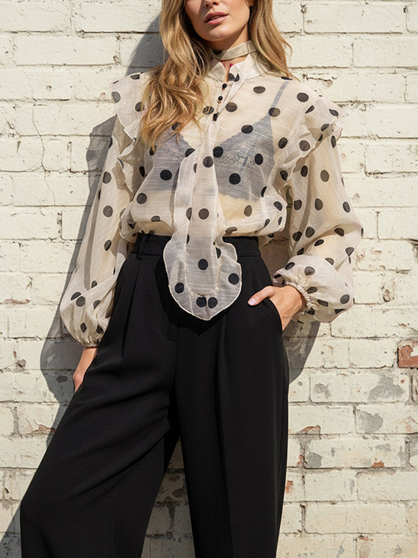 Long Sleeves Loose Buttoned Elasticity Polka-Dot Ruffle Trim See-Through V-Neck Blouses&Shirts Tops