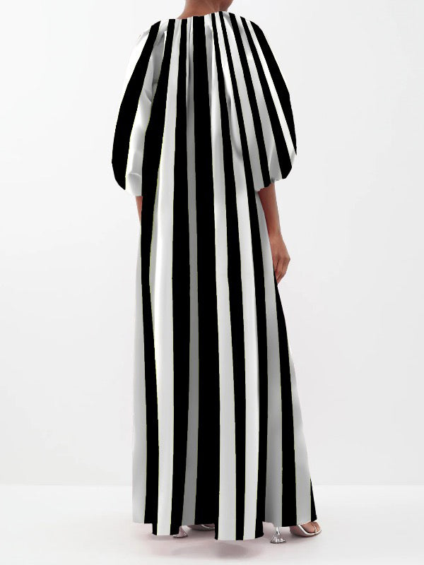 Striped Puff Sleeves Three-Quarter Sleeves V-Neck Maxi Dresses