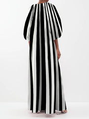 Striped Puff Sleeves Three-Quarter Sleeves V-Neck Maxi Dresses