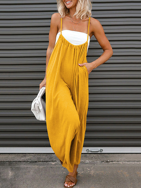 Solid Color Sleeveless Wide Leg Spaghetti-Neck Overalls