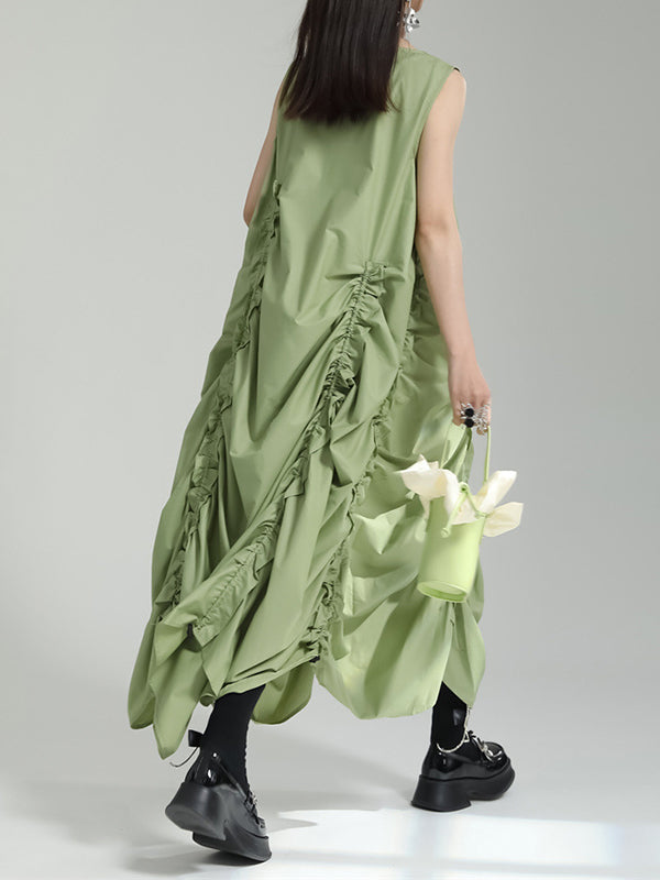 Solid Color Irregular clipping Loose Round-neck Midi Dresses