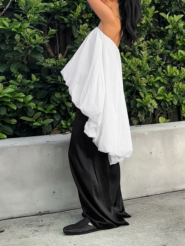 Elasticity Pleated Solid Color Split-Joint High-Low Sleeveless Tube Blouses&Shirts Tops