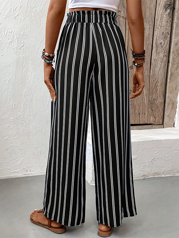 Contrast Color Pockets Striped Tied Waist High Waisted Loose Trousers Pants