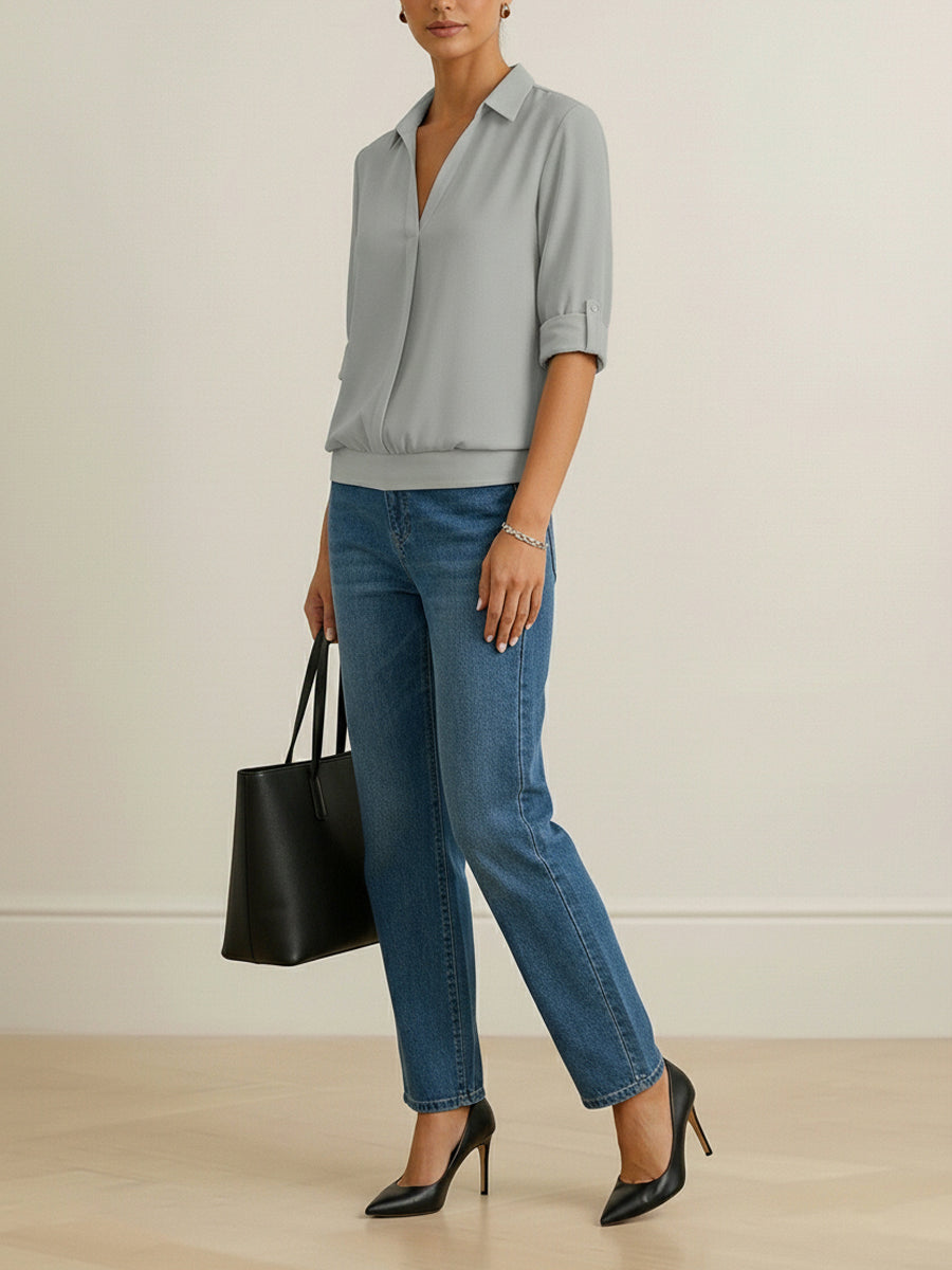 Solid Color Split-Joint Half Sleeves Lapel Blouses&shirts Tops