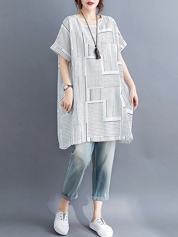 Striped Loose Short Sleeves Round-Neck T-Shirts