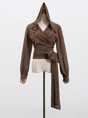 Pleated See-Through Solid Color Tied Waist Long Sleeves Loose Hooded Blouses&Shirts Tops