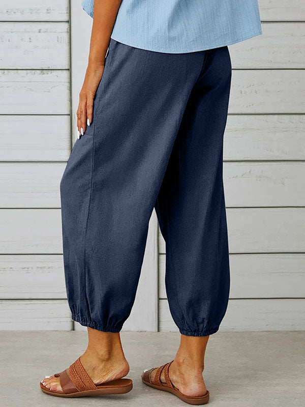 Buttoned Drawstring Elasticity Pockets Split-Joint High Waisted Loose Trousers Ninth Pants