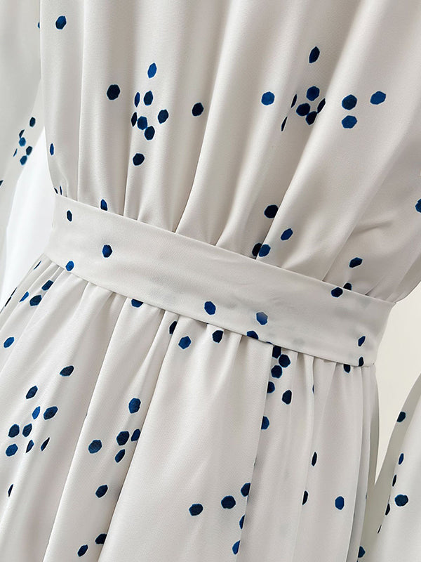 Pleated Polka-Dot Tied Waist High Waisted High-Low V-Neck Maxi Dresses