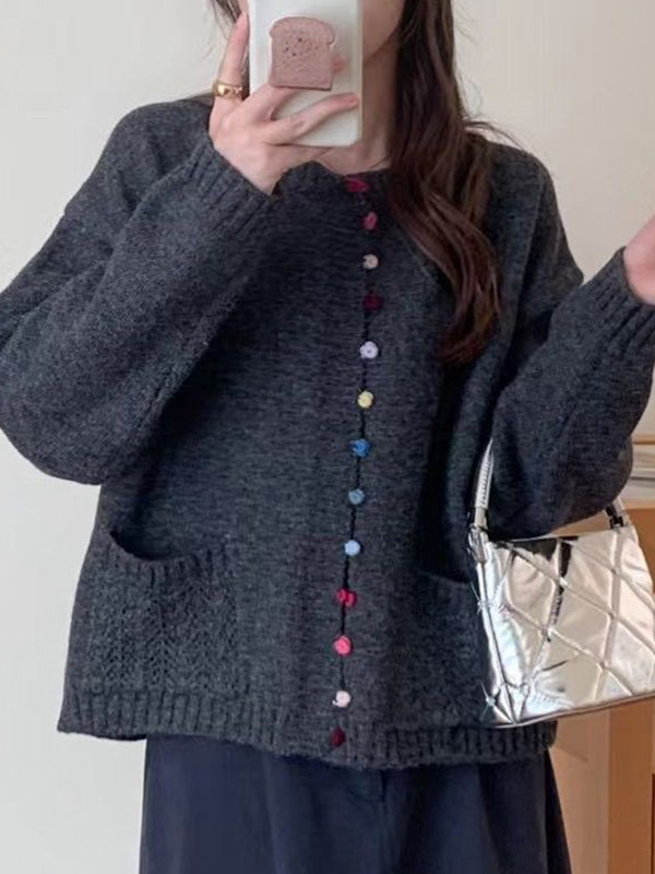 Buttoned Contrast Color Pockets Long Sleeves Loose Round-Neck Cardigan Tops