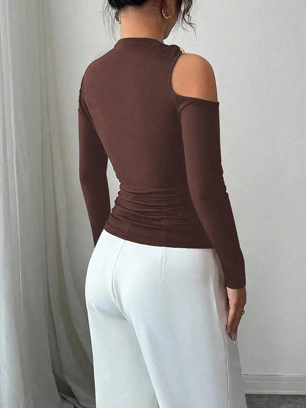 Asymmetric Solid Color Long Sleeves Skinny Asymmetric Neckline T-Shirts