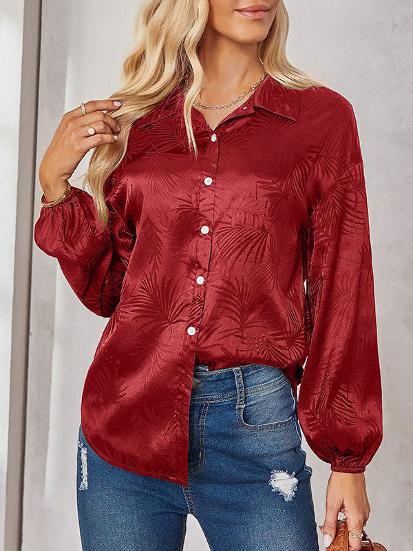 Jacquard Split-Joint Loose Puff Sleeves Lapel Blouses