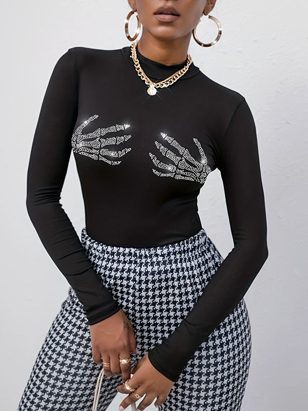 Rhine Stones Long Sleeves Skinny Round-Neck T-Shirts Tops