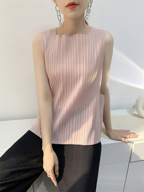 Pleated Solid Color Split-Joint Loose Sleeveless Square-Neck Vest Top