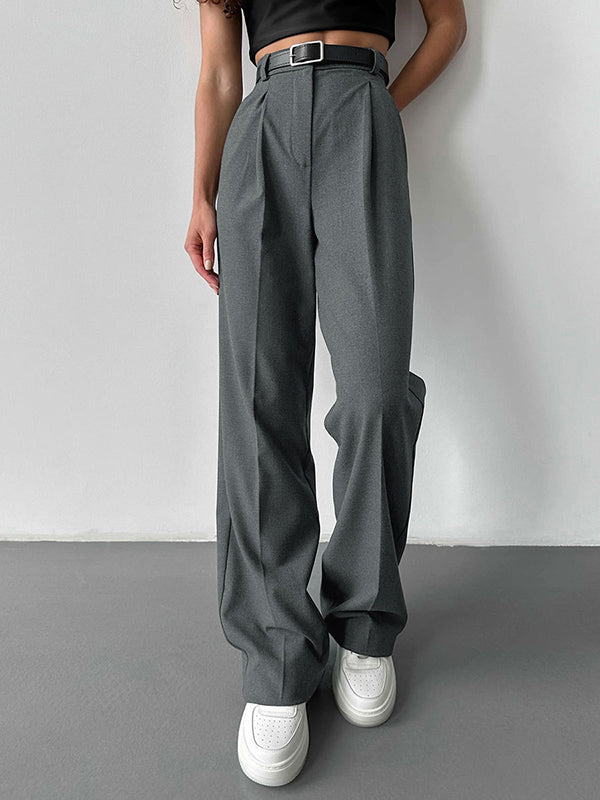No Belt Solid Color High Waisted Loose Trousers Suit Pants