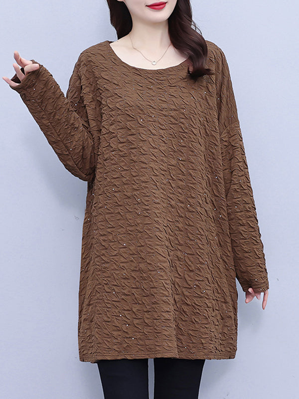 Solid Color A-line Long Sleeves Round-neck T-Shirts Tops