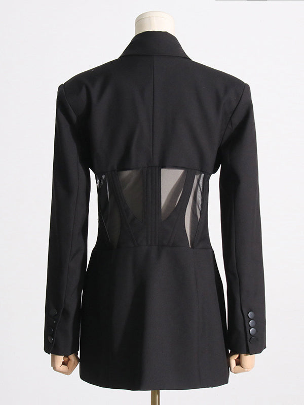 Buckle Gauze See-Through Solid Color Split-Joint Long Sleeves Notched Collar Blazer