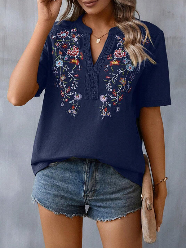 Embroidered Split-Joint Half Sleeves Loose V-Neck T-Shirts Tops
