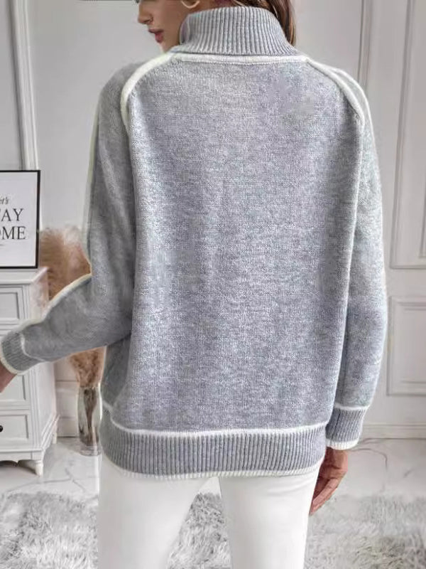 Contrast Color Split-Joint Long Sleeves Loose High Neck Sweater Tops