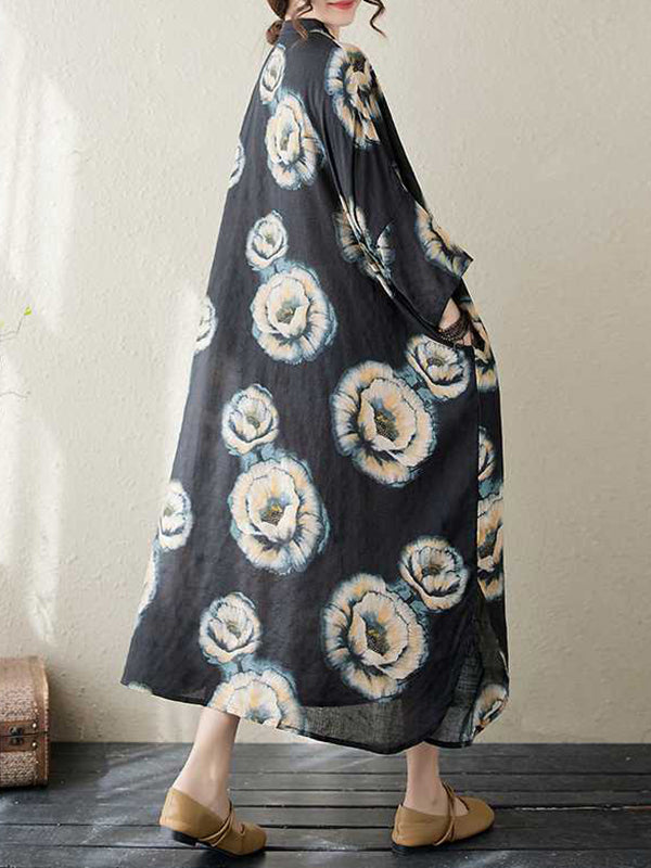 Buttoned Flower Print Loose Three-quarter Sleeves Stand Collar Midi Dresses