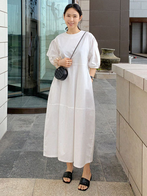 Casual Round-Neck Bishop Sleeve Loose Solid Color Midi Dress
