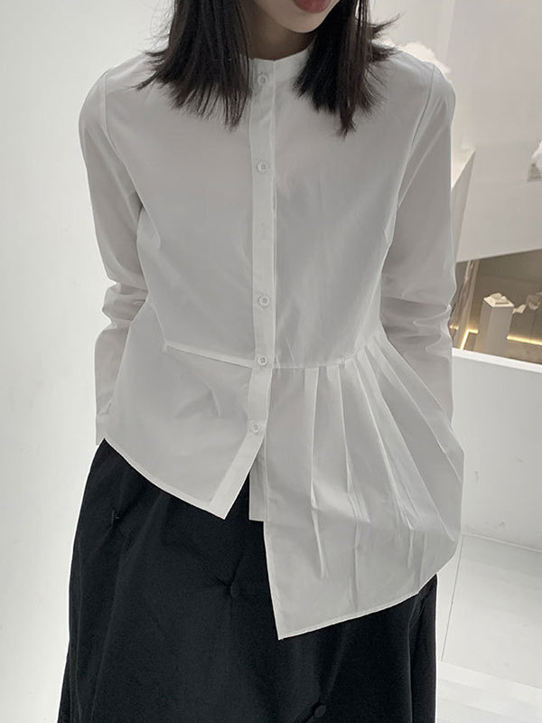 Asymmetric Buttoned Pleated Solid Color Long Sleeves Round-Neck Blouses&Shirts Tops