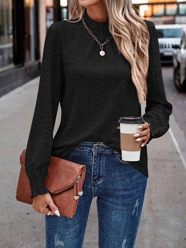 Elasticity Jacquard Pleated Solid Color Long Sleeves Loose Mock Neck T-Shirts Tops