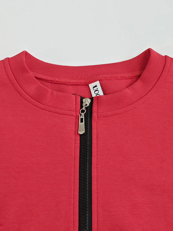 Long Sleeves Loose Contrast Color Pockets Split-Joint Zipper Round-Neck Midi Dresses