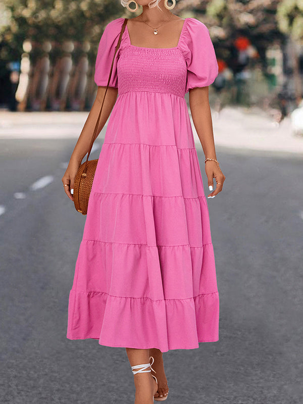 Elasticity Pleated Solid Color Split-Joint A-line Bishop Sleeve Square-neck Midi Dresses