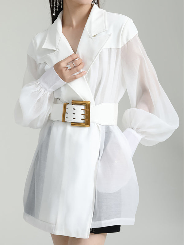 See-Through Split-Joint Tied Waist Loose Puff Sleeves Lapel Blouses&Shirts Tops