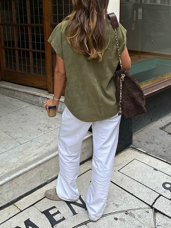 Buttoned Pockets Solid Color Loose Raglan Sleeve Lapel Blouses&Shirts Tops