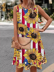 Flower Print A-line Loose Round-neck Mini Dresses