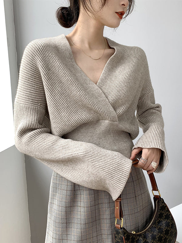 Asymmetric Solid Color Long Sleeves V-Neck Sweater Pullovers Knitwear