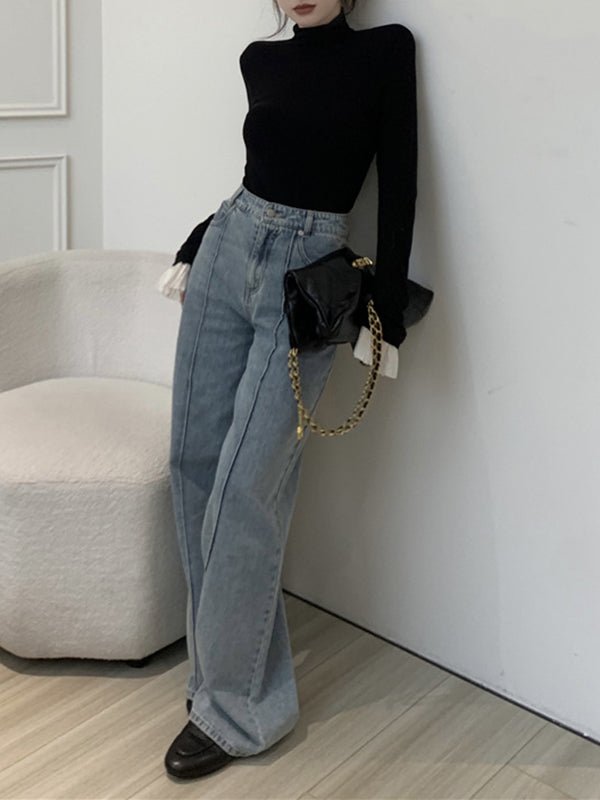 Pleated Split-Joint Long Sleeves Skinny High Neck T-Shirts